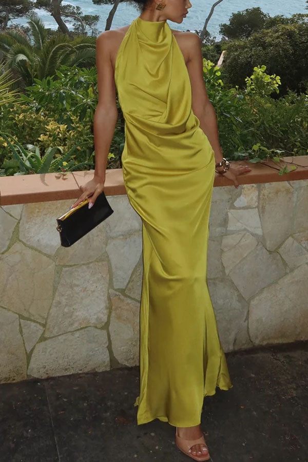 Edna | Elegant Satin Halter Neck Backless Maxi Dress