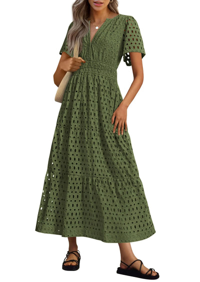 Geraldine | Women's Summer V-neck Maxi Dress Short Sleeve