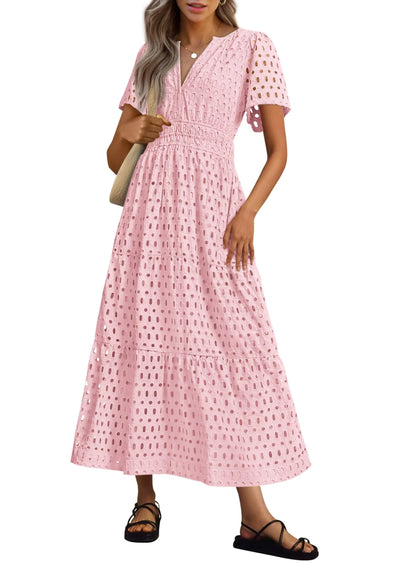 Geraldine | Women's Summer V-neck Maxi Dress Short Sleeve