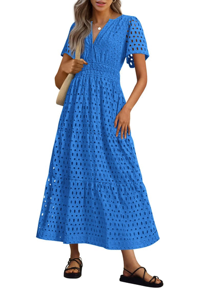 Geraldine | Women's Summer V-neck Maxi Dress Short Sleeve