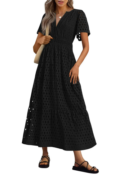 Geraldine | Women's Summer V-neck Maxi Dress Short Sleeve