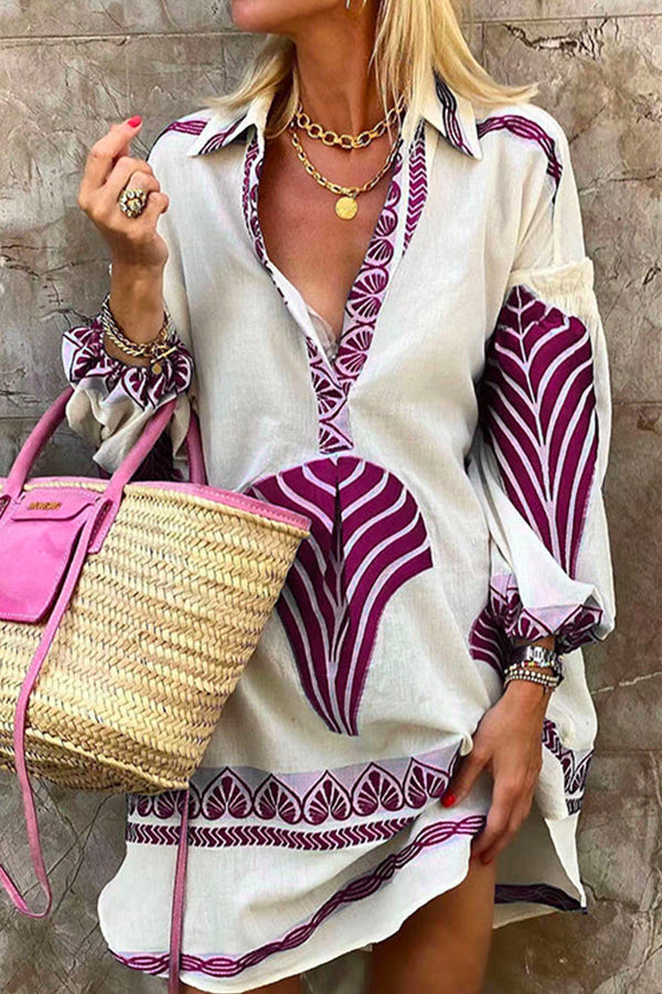 Jennifer | Elegant Printed Lapel V Neck Long Sleeve Shirt Dress