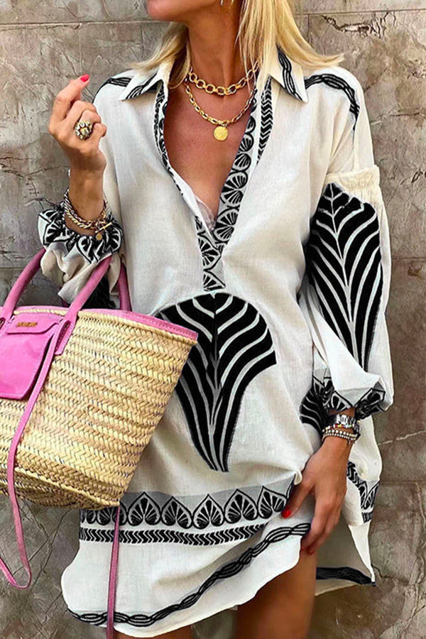 Jennifer | Elegant Printed Lapel V Neck Long Sleeve Shirt Dress