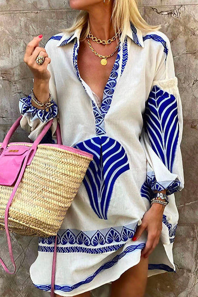 Jennifer | Elegant Printed Lapel V Neck Long Sleeve Shirt Dress