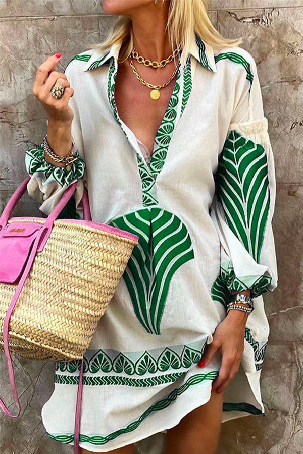 Jennifer | Elegant Printed Lapel V Neck Long Sleeve Shirt Dress