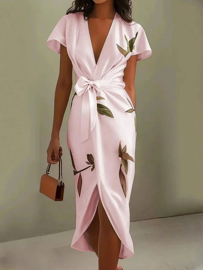 Jennifer | Elegant Satin Wrap Midi Dress with Short Sleeves in White Leaf