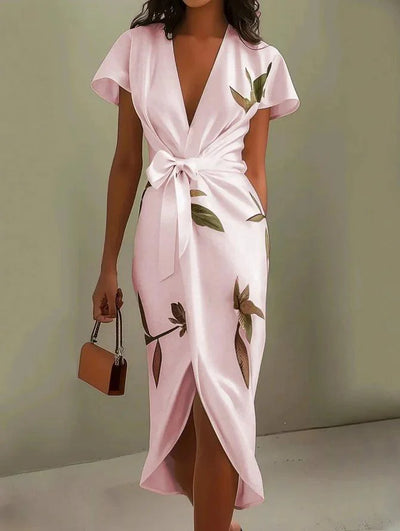 Jennifer | Elegant Satin Wrap Midi Dress with Short Sleeves in White Leaf