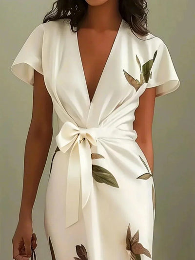 Jennifer | Elegant Satin Wrap Midi Dress with Short Sleeves in White Leaf