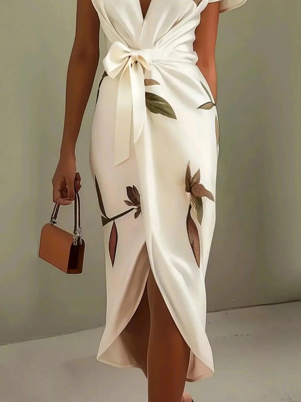 Jennifer | Elegant Satin Wrap Midi Dress with Short Sleeves in White Leaf