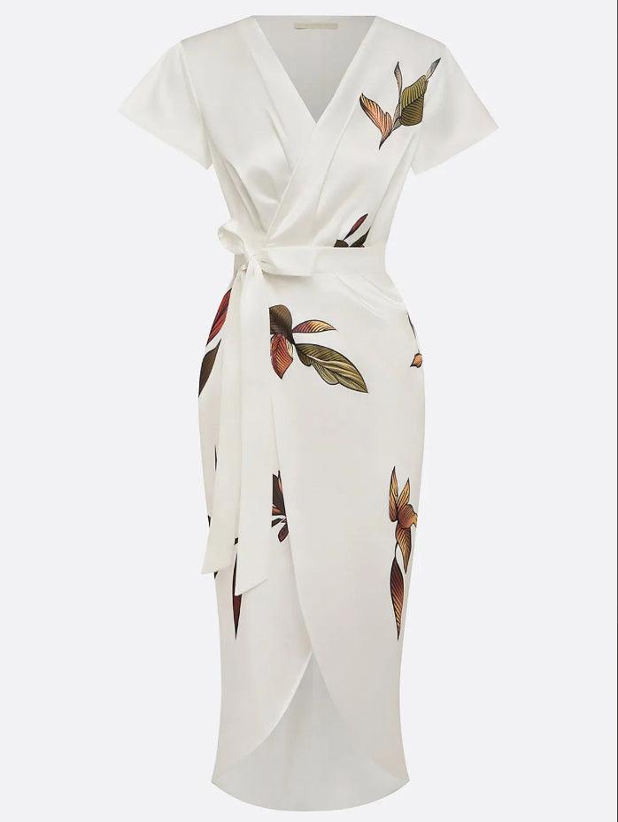 Jennifer | Elegant Satin Wrap Midi Dress with Short Sleeves in White Leaf