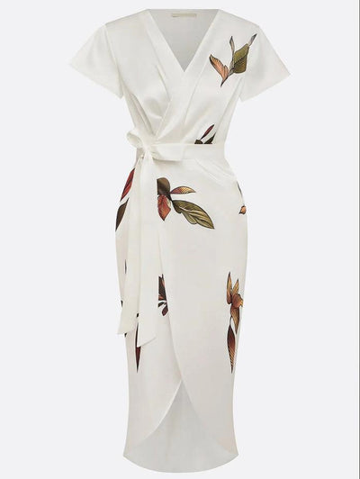 Jennifer | Elegant Satin Wrap Midi Dress with Short Sleeves in White Leaf
