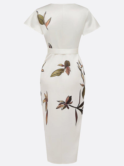 Jennifer | Elegant Satin Wrap Midi Dress with Short Sleeves in White Leaf