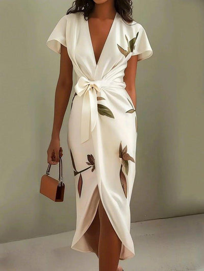 Jennifer | Elegant Satin Wrap Midi Dress with Short Sleeves in White Leaf