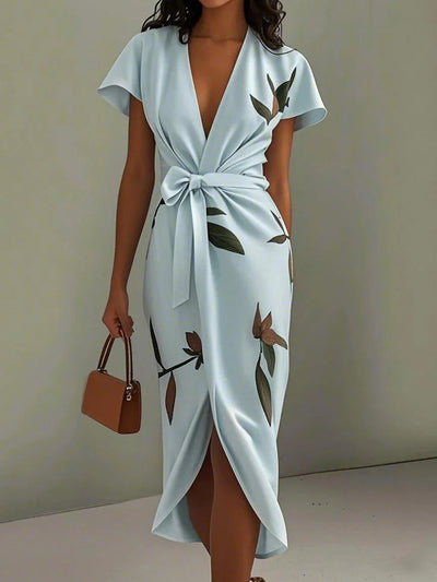 Jennifer | Elegant Satin Wrap Midi Dress with Short Sleeves in White Leaf