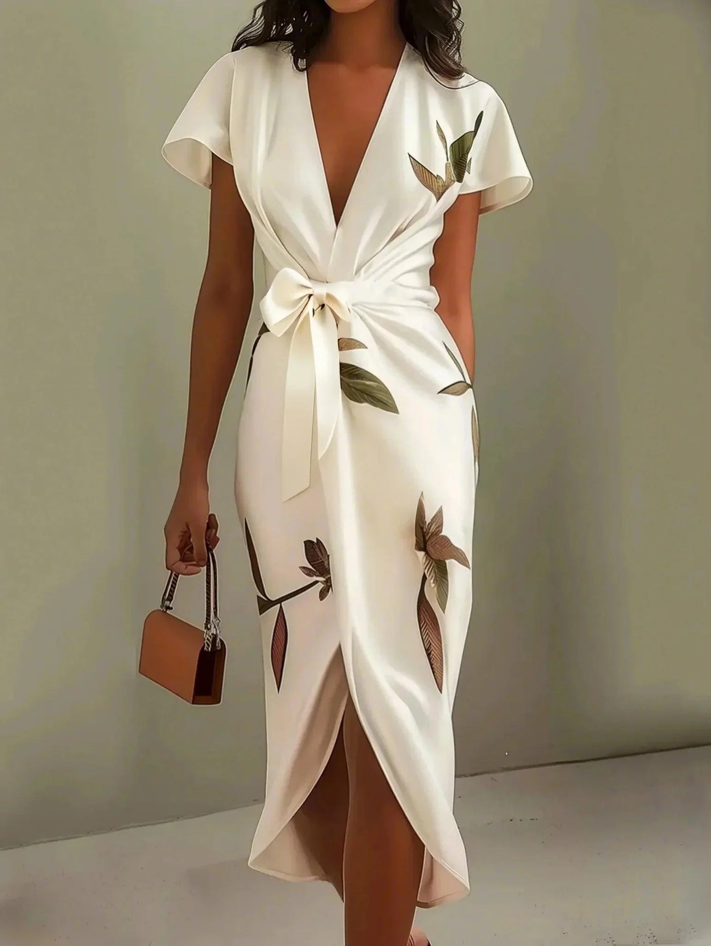 Jennifer | Elegant Satin Wrap Midi Dress with Short Sleeves in White Leaf