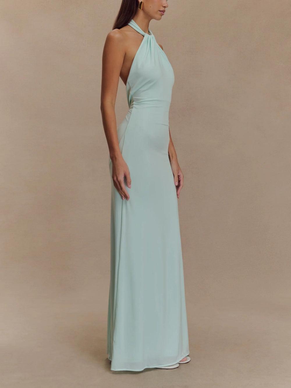 Jennifer | Elegant Slinky Halter Maxi Dress - Lagoon