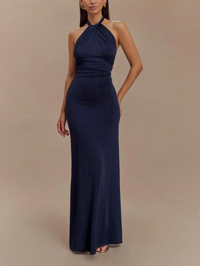Jennifer | Elegant Slinky Halter Maxi Dress - Lagoon
