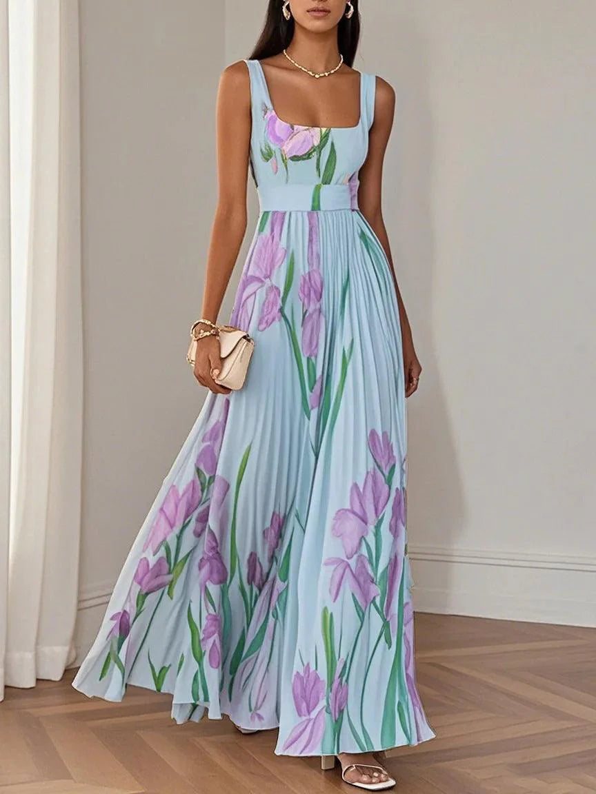 Jennifer | Elegant White Pleated Floral Chiffon A-Line Maxi Dress with Square Neck and Sleeveless Design