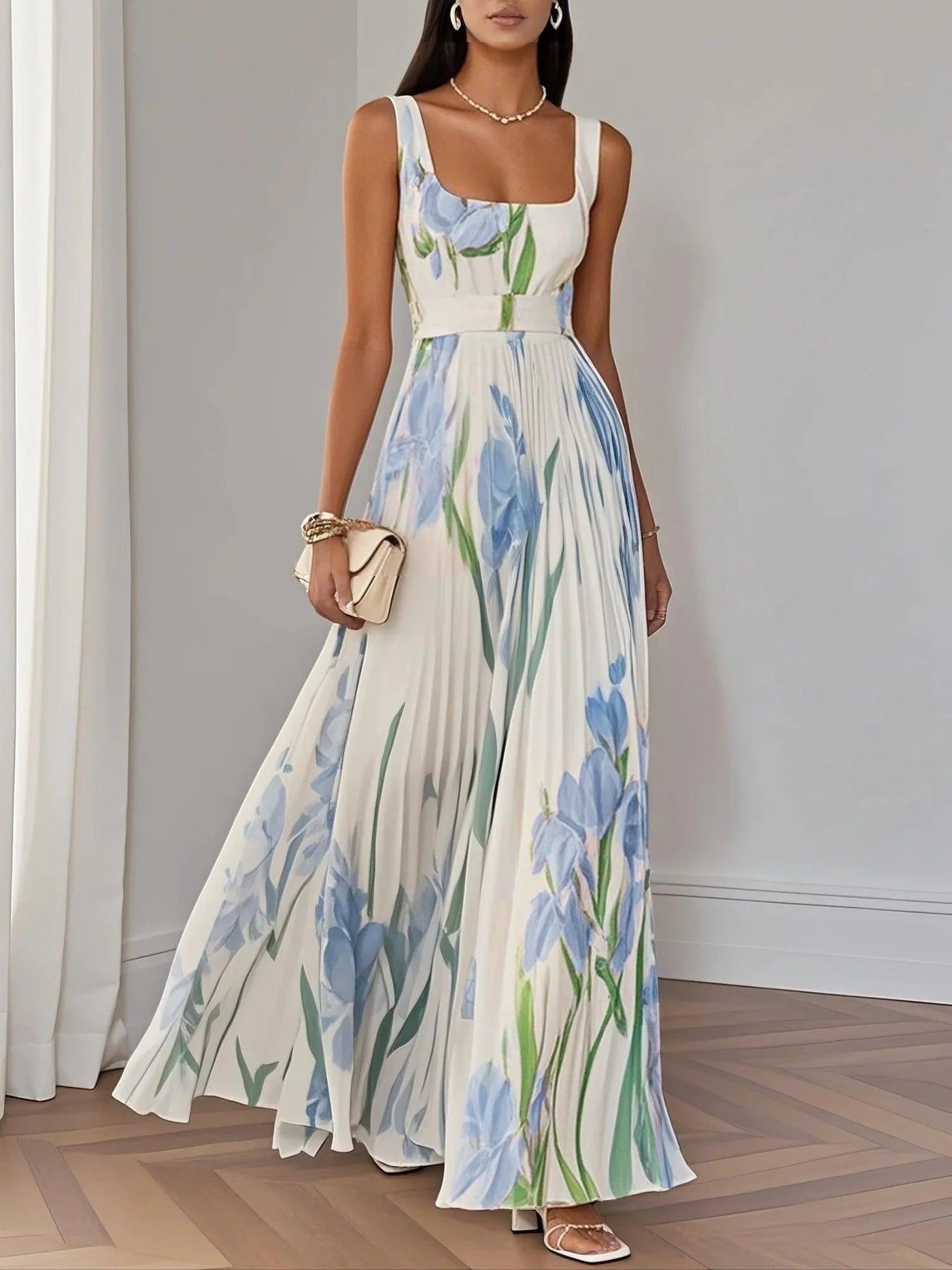 Jennifer | Elegant White Pleated Floral Chiffon A-Line Maxi Dress with Square Neck and Sleeveless Design