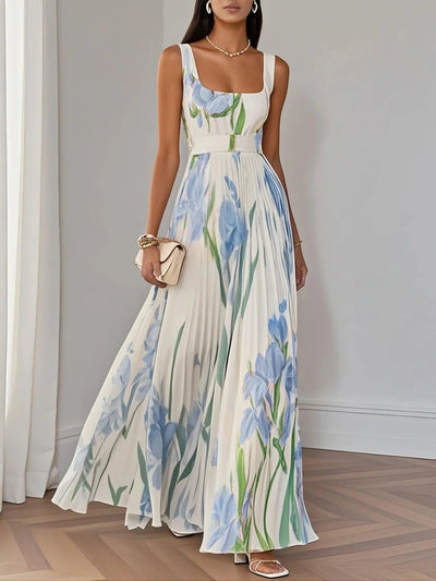 Jennifer | Elegant White Pleated Floral Chiffon A-Line Maxi Dress with Square Neck and Sleeveless Design