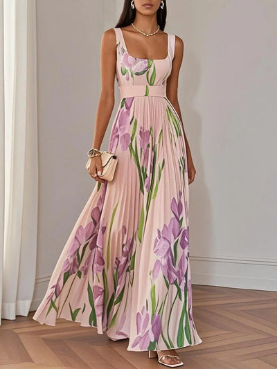Jennifer | Elegant White Pleated Floral Chiffon A-Line Maxi Dress with Square Neck and Sleeveless Design