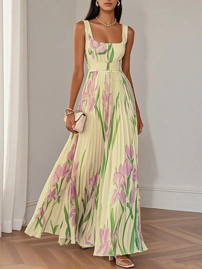 Jennifer | Elegant White Pleated Floral Chiffon A-Line Maxi Dress with Square Neck and Sleeveless Design
