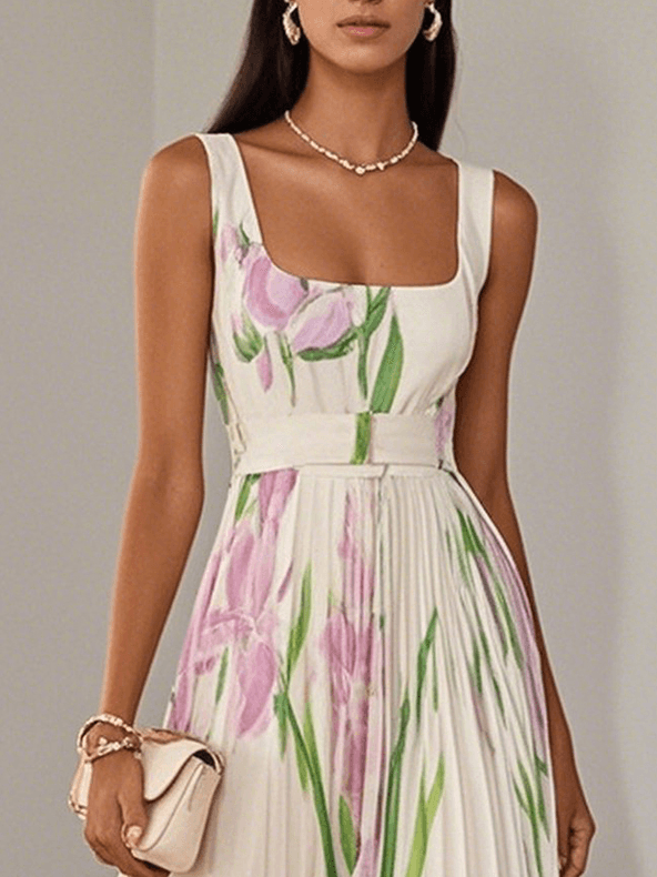 Jennifer | Elegant White Pleated Floral Chiffon A-Line Maxi Dress with Square Neck and Sleeveless Design