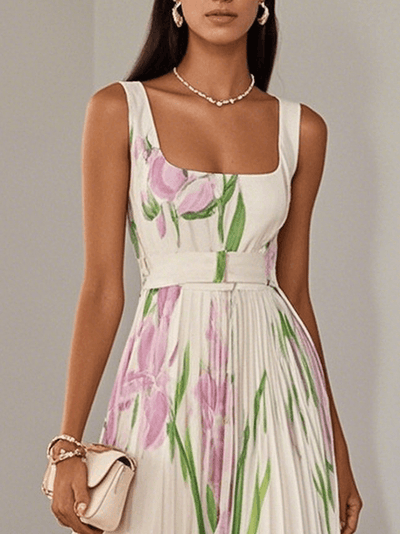 Jennifer | Elegant White Pleated Floral Chiffon A-Line Maxi Dress with Square Neck and Sleeveless Design