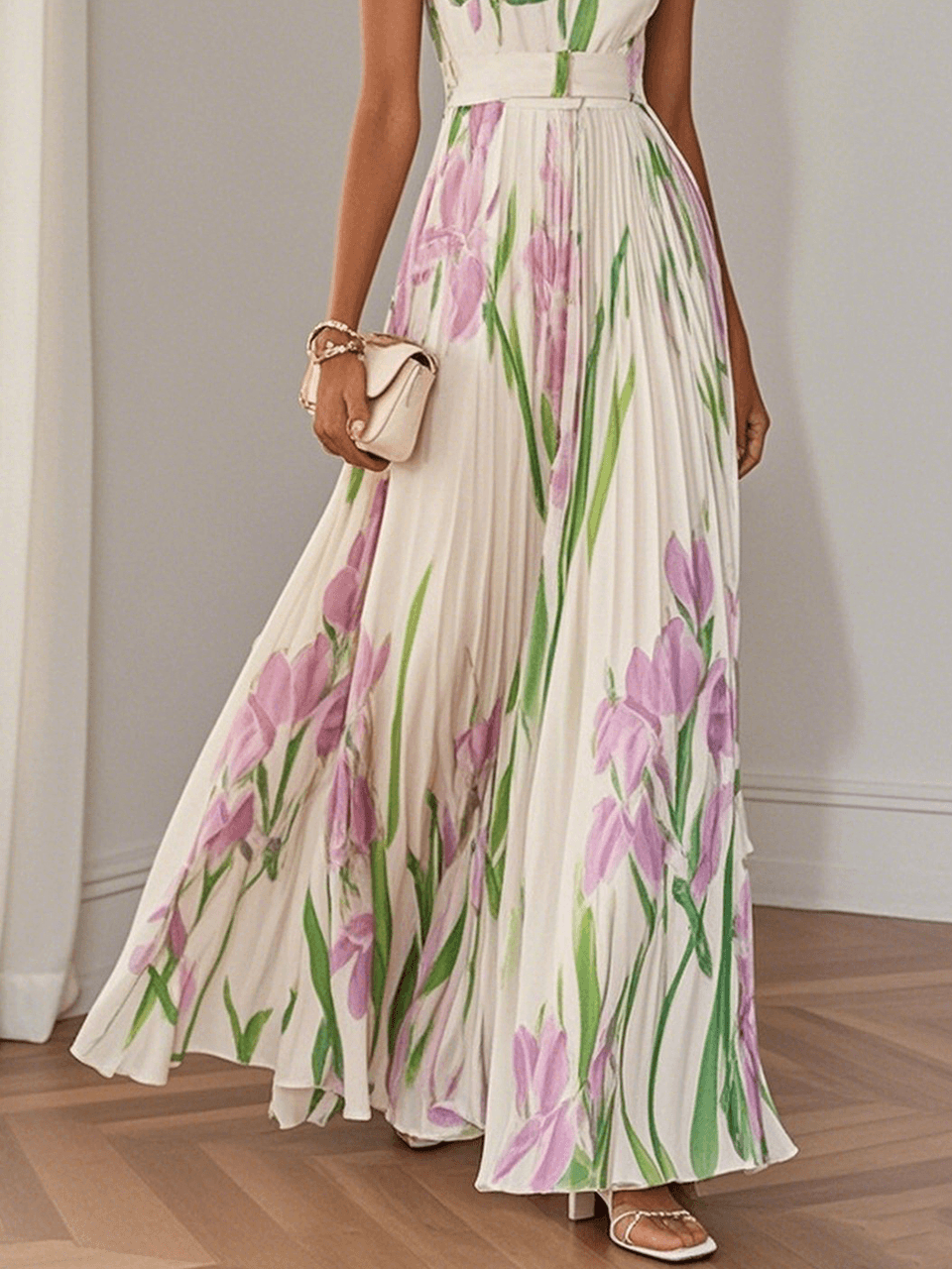Jennifer | Elegant White Pleated Floral Chiffon A-Line Maxi Dress with Square Neck and Sleeveless Design