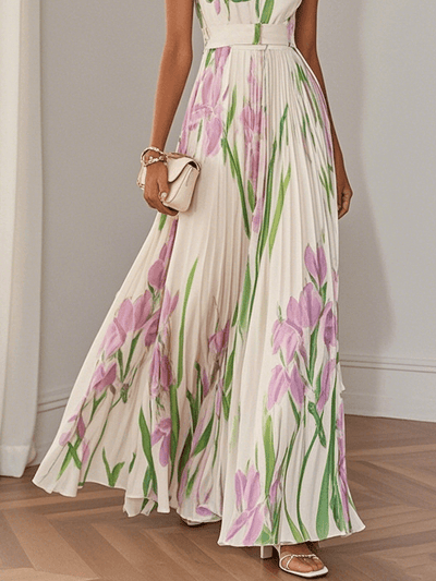 Jennifer | Elegant White Pleated Floral Chiffon A-Line Maxi Dress with Square Neck and Sleeveless Design