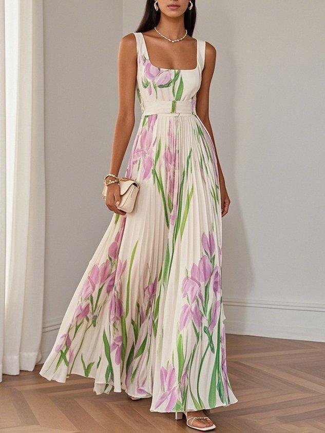Jennifer | Elegant White Pleated Floral Chiffon A-Line Maxi Dress with Square Neck and Sleeveless Design