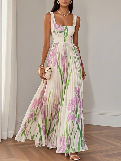 Jennifer | Elegant White Pleated Floral Chiffon A-Line Maxi Dress with Square Neck and Sleeveless Design