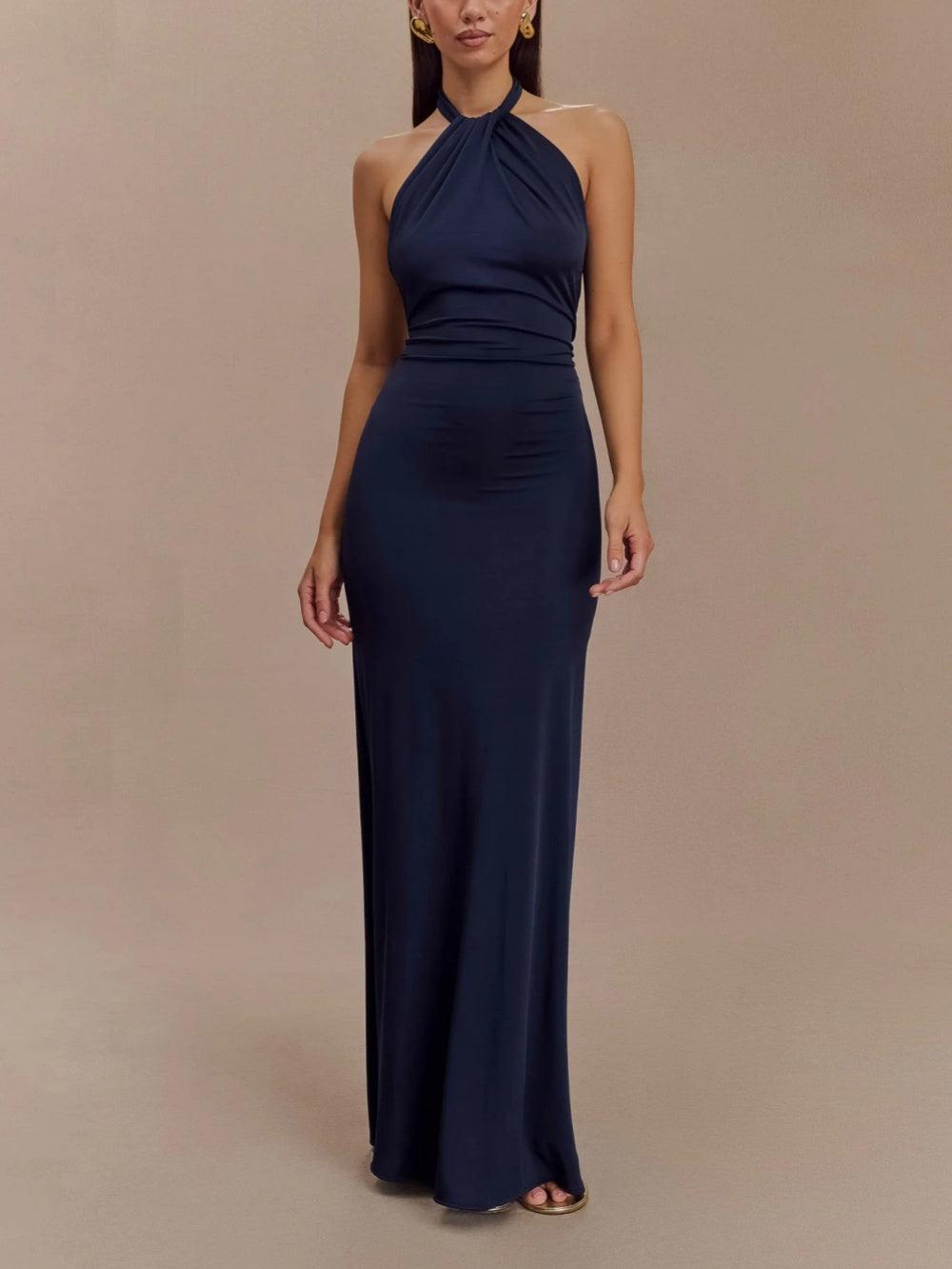 Jennifer | Navy Slinky Halter Maxi Dress