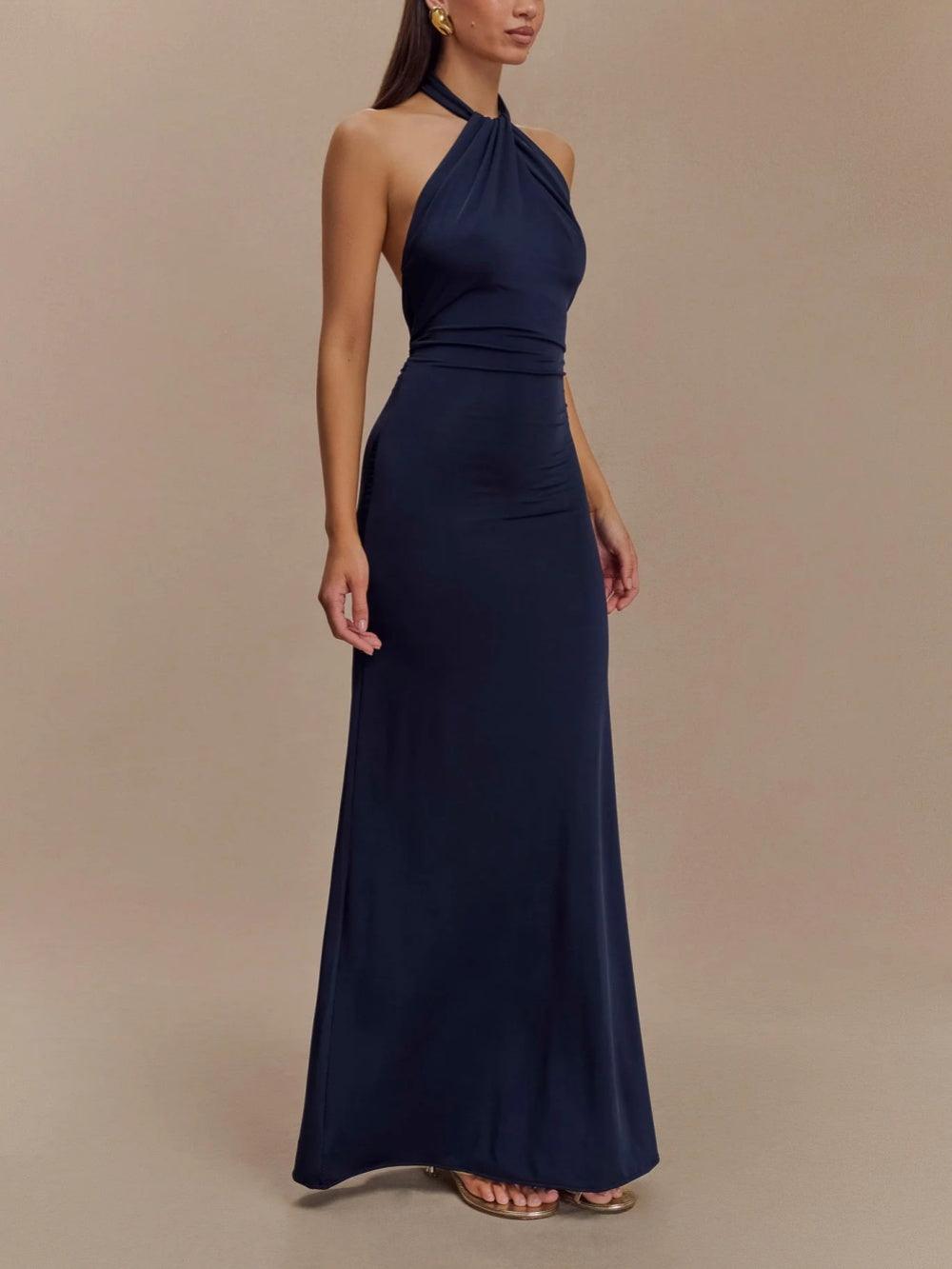 Jennifer | Navy Slinky Halter Maxi Dress