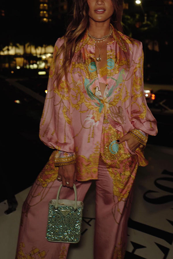 Mermaid Motel | Unique Print Long Sleeve Casual Shirt & Elastic Waist Pants Set